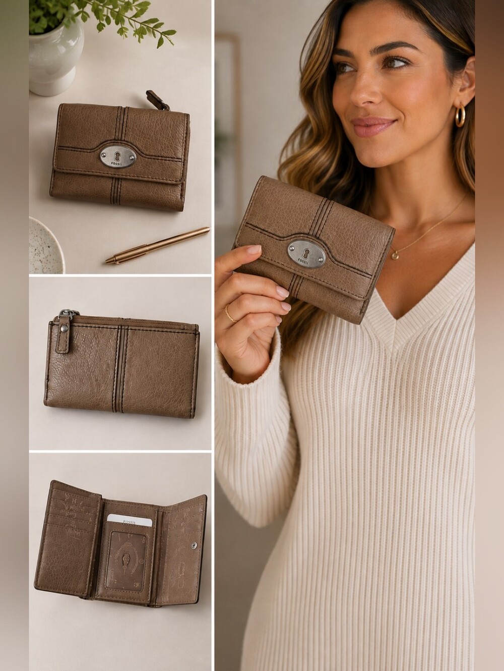 Fossil Taupe Pebbled Leather Fold Wallet